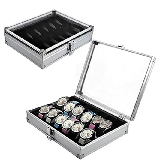 Aluminum Structure Watch Storage Box 12 Grid Slot Jewelry Display Square Case Suede Inside Rectangle Watch Holder for Organiz