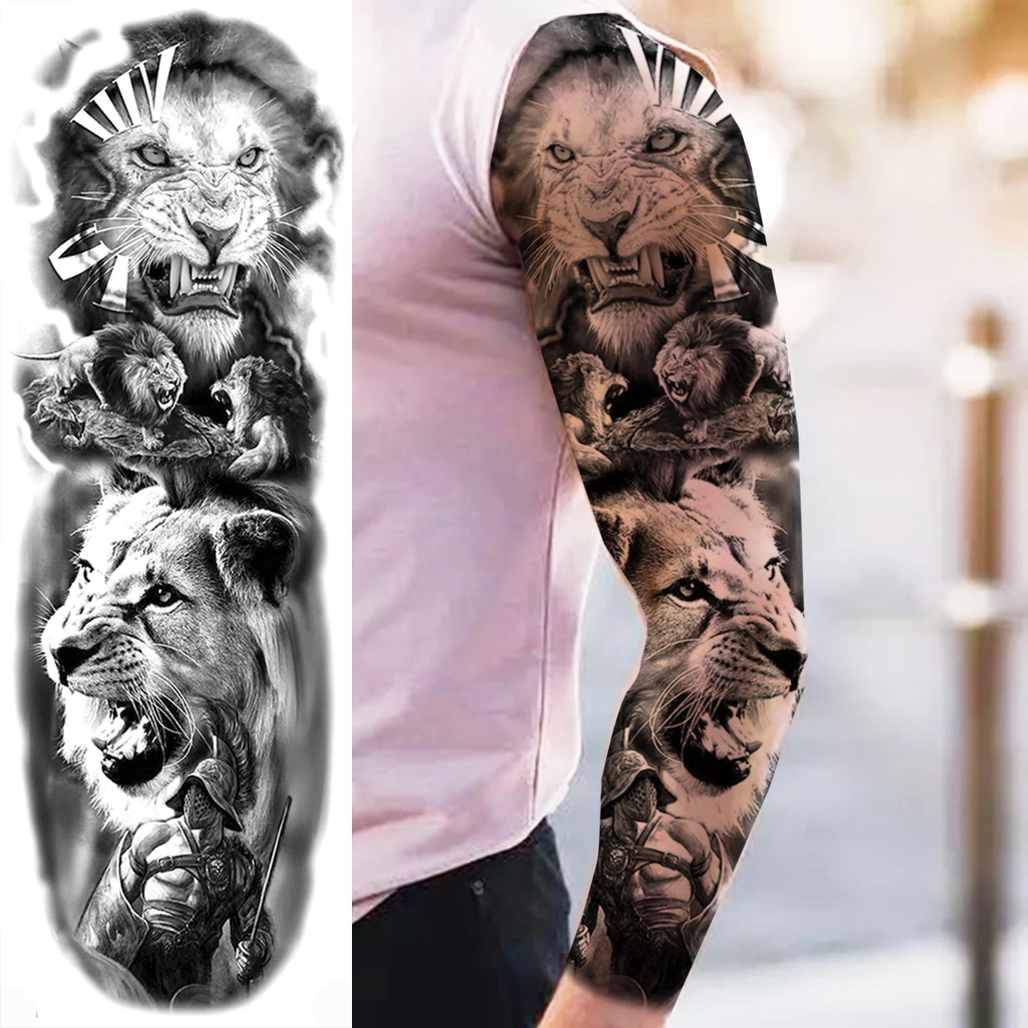 1 Sheets Wolf Lion Tiger Maori Temporary Tattoos For Men Women Adults Full Sleeve Arm Flower Rose Skull Tattoo Sticker Decor 