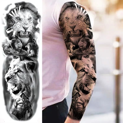 1 Sheets Wolf Lion Tiger Maori Temporary Tattoos For Men Women Adults Full Sleeve Arm Flower Rose Skull Tattoo Sticker Decor 