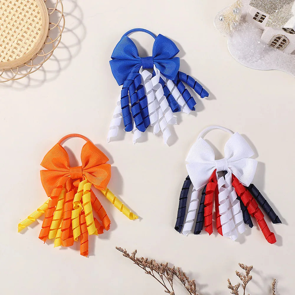 Baby Girls Back To School Ribbon Curly Hair Bow with Ties Rope Elastic Hairbands Kids Ponytail Holder Bowknot Hair Accessorie