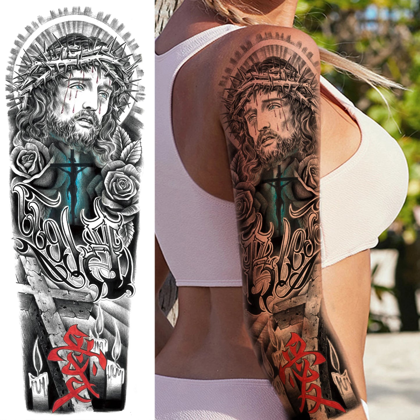 1 Sheets Wolf Lion Tiger Maori Temporary Tattoos For Men Women Adults Full Sleeve Arm Flower Rose Skull Tattoo Sticker Decor 