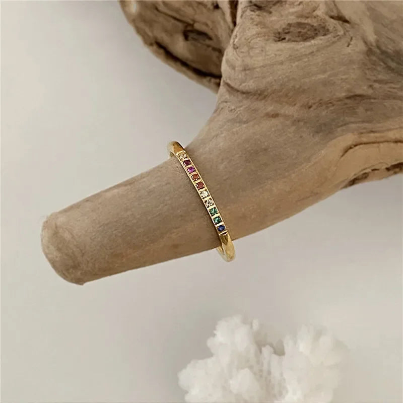 2PCS/Set Stainless Steel Rainbow Color Cubic Zircon Stone Finger Rings for Women INS Gold Color Waterproof Stars Ring Jewelry