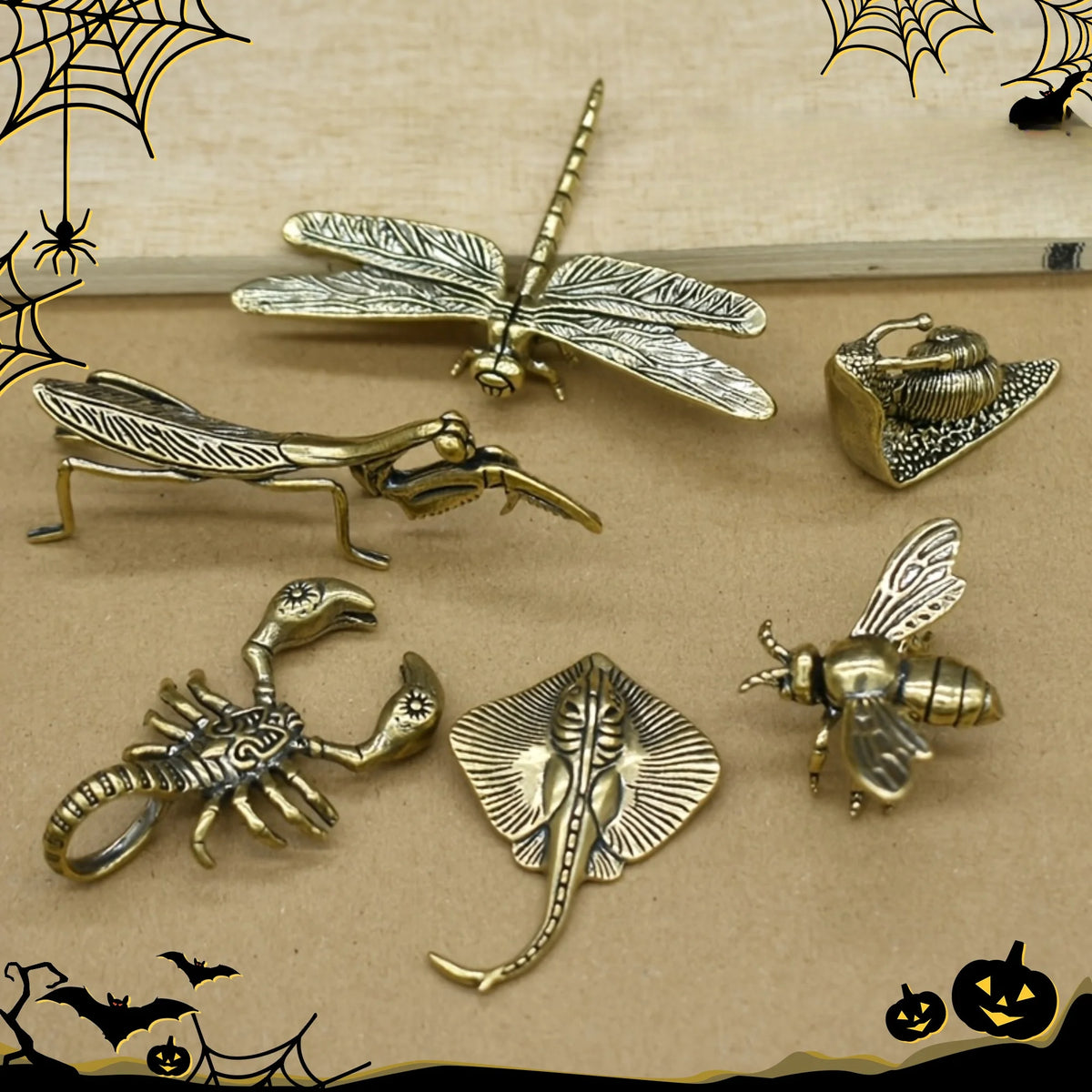 Set of 6 Solid vintage Brass Multi-Style Ornaments, Creative Sculptures of Animals and Plants