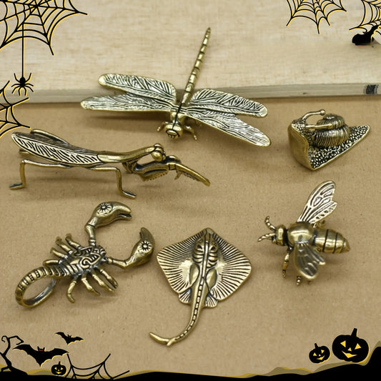 Set of 6 Solid vintage Brass Multi-Style Ornaments, Creative Sculptures of Animals and Plants