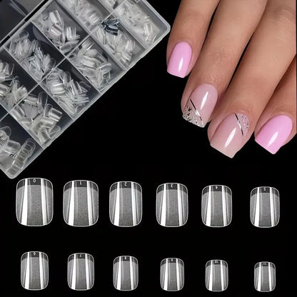 600 Short Almond-Shaped Semi-Matte Transparent Acrylic False Nail Tips for Nail Extensions and Manicure Tools