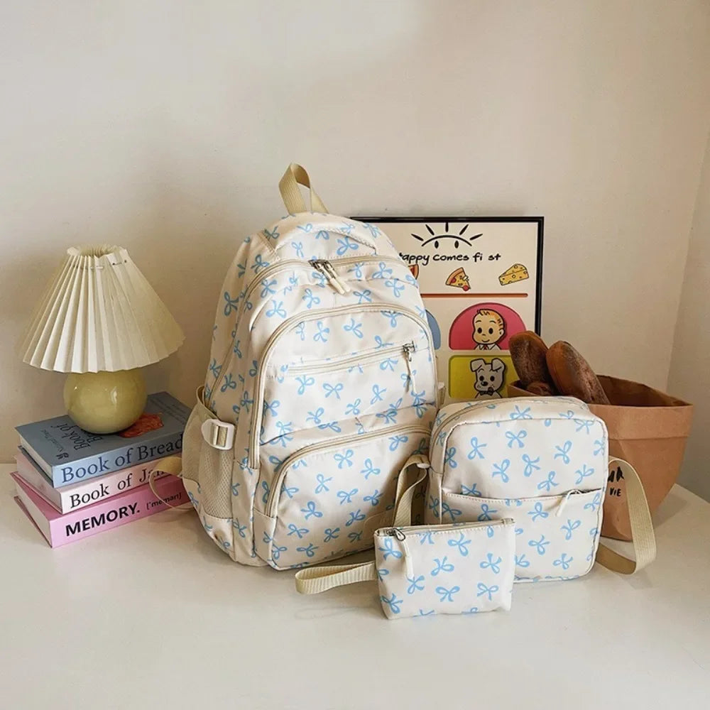 3 Pcs/Set Cute Schoolbag Large Capacity Bow Backpack Bow Print Nylon School Bag Adjustable Strap Travel Backpack - White Blue