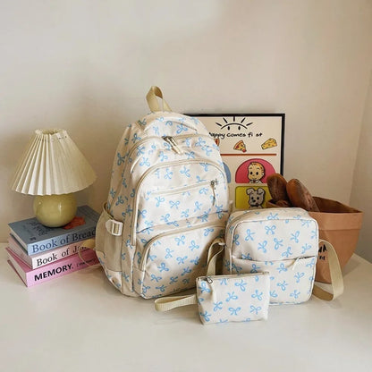 3 Pcs/Set Cute Schoolbag Large Capacity Bow Backpack Bow Print Nylon School Bag Adjustable Strap Travel Backpack - White Blue