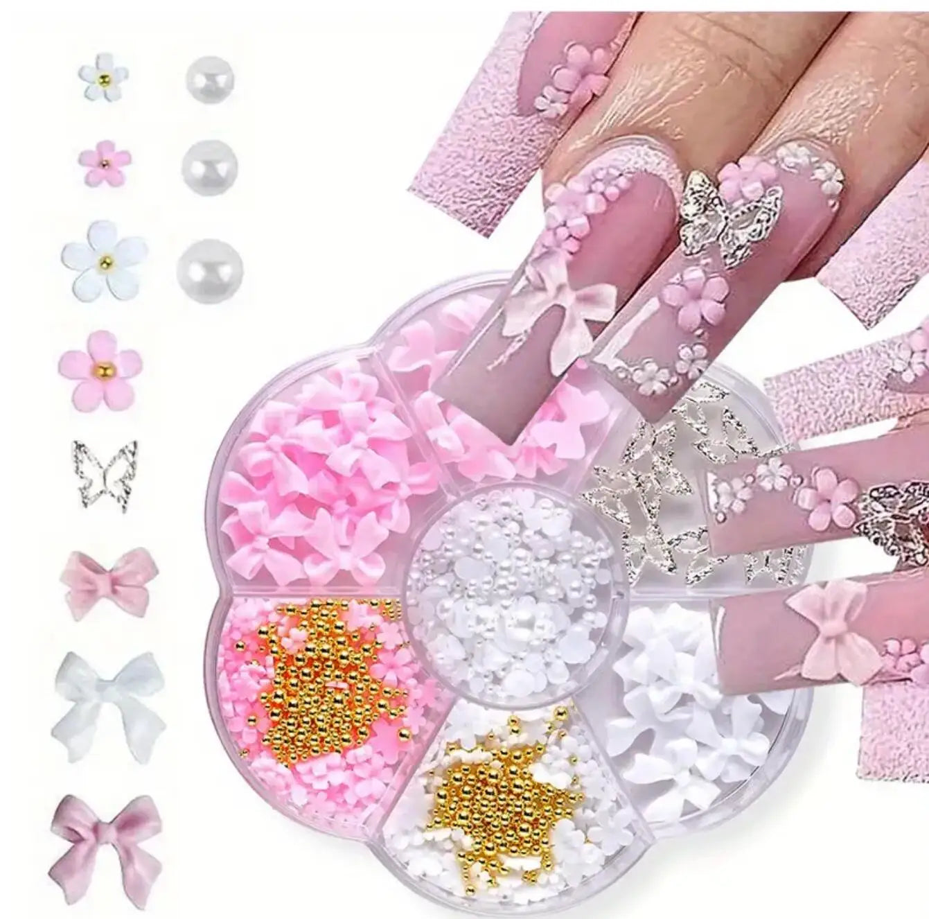 1box 3D Flower Bow Nail Art Decorations Kit Pink/White Acrylic Floral/Peal Beads Nail Charm with Wax Pen/Tweezer 4/6mm Nail P
