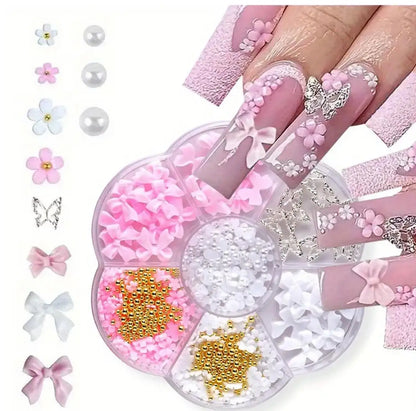 1box 3D Flower Bow Nail Art Decorations Kit Pink/White Acrylic Floral/Peal Beads Nail Charm with Wax Pen/Tweezer 4/6mm Nail P