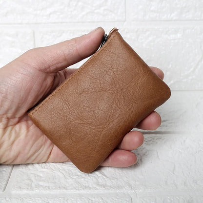 Leather Mini Coin Purse Unisex Simple Portable First Layer Cowhide Retro Handmade Zipper Small Wallet Key Case - Light Brown