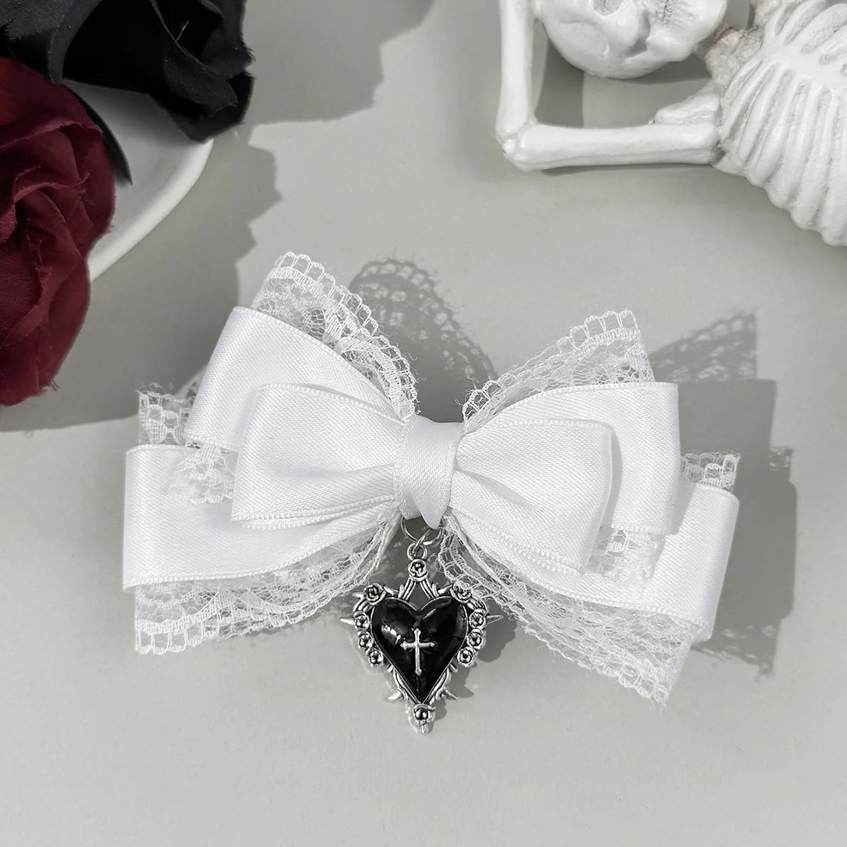 Gothic Lolita Style Hair Clip Black Ribbon Bow Fashionable Hair Clips for girls High-grade headdress - WHITE