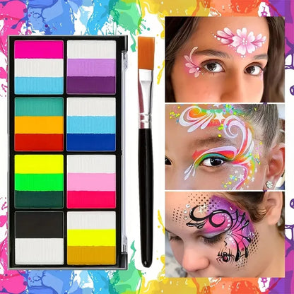 Palette Rainbow Stripe Paint Set with Brushes, Water Based Dual-Tone Face and Body Paint Palette, Christmas Halloween Cosplay