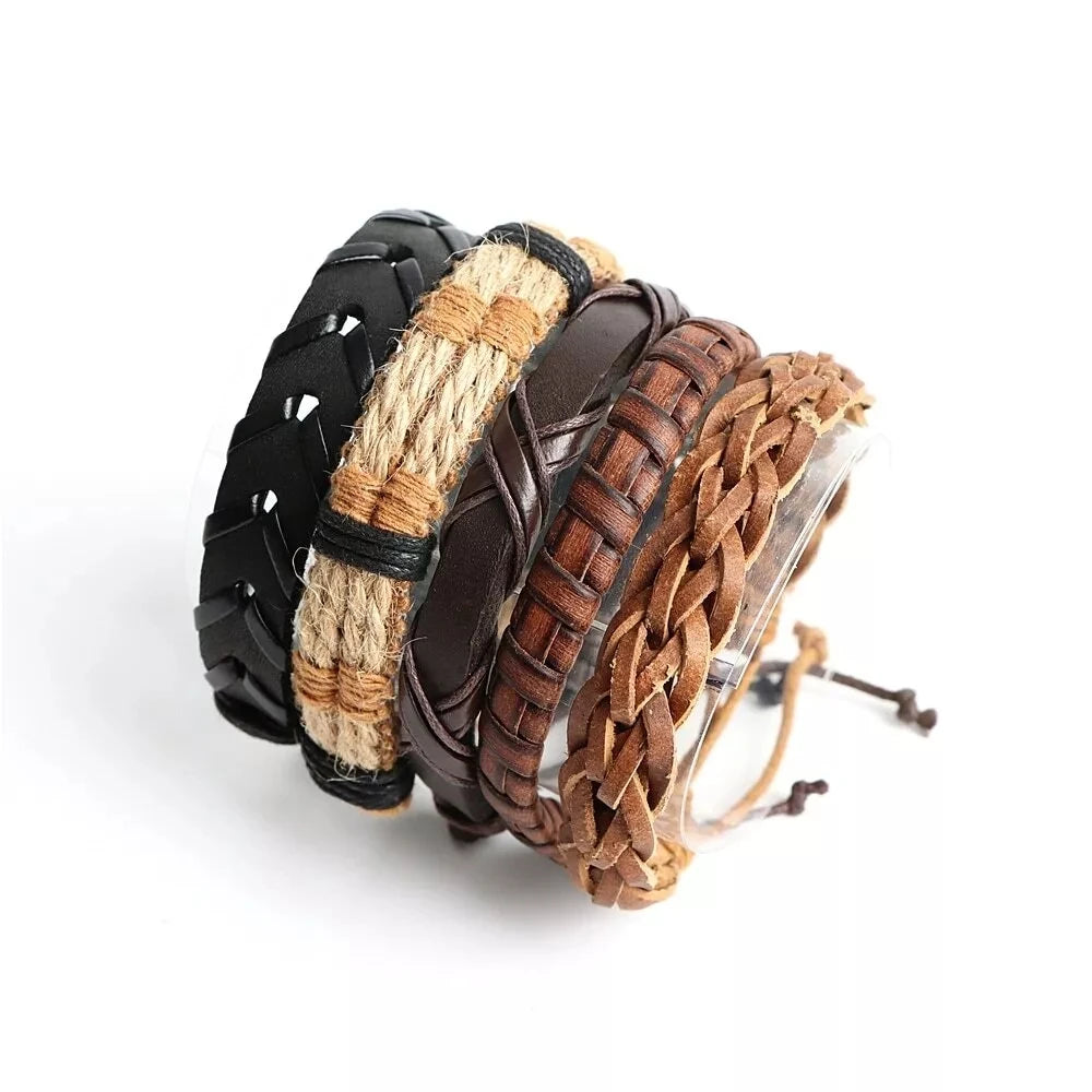 20Pcs Braided Leather Bracelets for Men Women Wrap Wood Beads Cuff Bracelet Hemp Cords Ethnic Tribal Handmade Wrap Wristband 