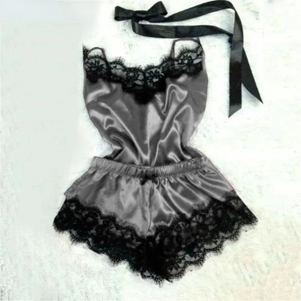 Lace Satin Pajama Set for Women Sleepwear V-Neck Stretch Sexy Lingerie Strap Vest Top Shorts Nightwear Pijamas - GRAY / M