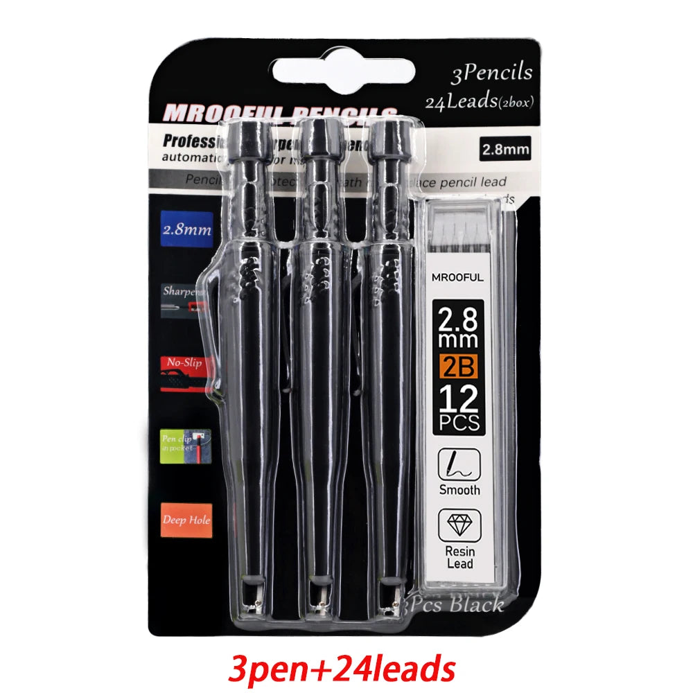 Professinonal Carpenter's Pencil Card Set, Deep Hole Marking And Drawing, With 2.8mm 2Box Leads, For Carpenters Engineering -