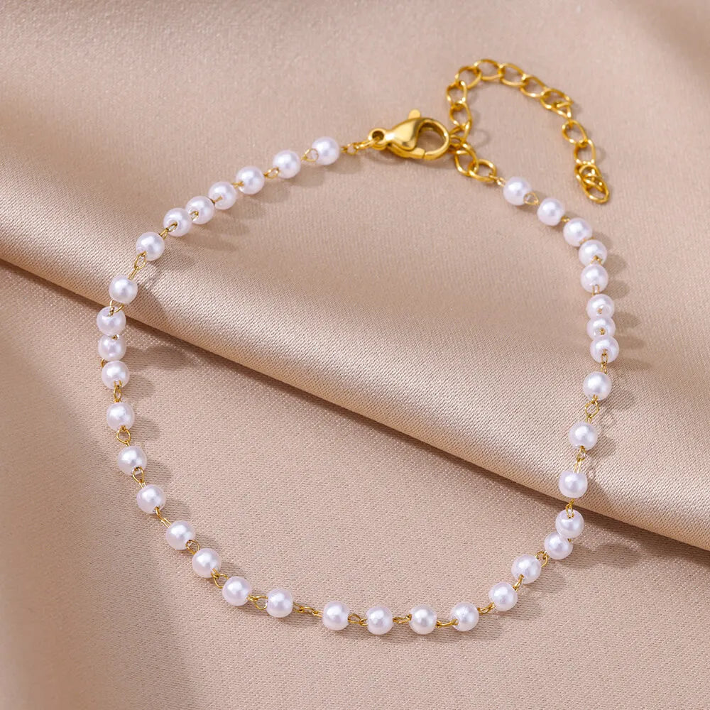 Anklets for Women Summer Beach Accessories Stainless Steel Imitation Pearl Chain Anklet Gold Color Leg Bracelets Bodychain Gi
