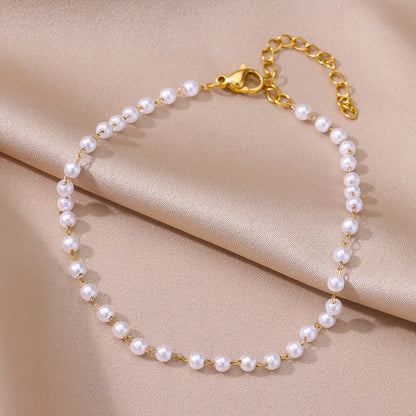 Anklets for Women Summer Beach Accessories Stainless Steel Imitation Pearl Chain Anklet Gold Color Leg Bracelets Bodychain Gi