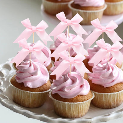10pcs Pink Bow Cupcake Topper Pink Bow Birthday Decor Coquette Themed Party Decoration Bridal Shower Cake Topper Bow Party De