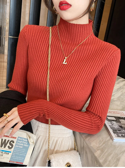 Elegant Solid Basic Knitted Tops Women Turtlneck Sweater Long Sleeve Casual Slim Pullover Korean Fashion Simple Chic Clothes 