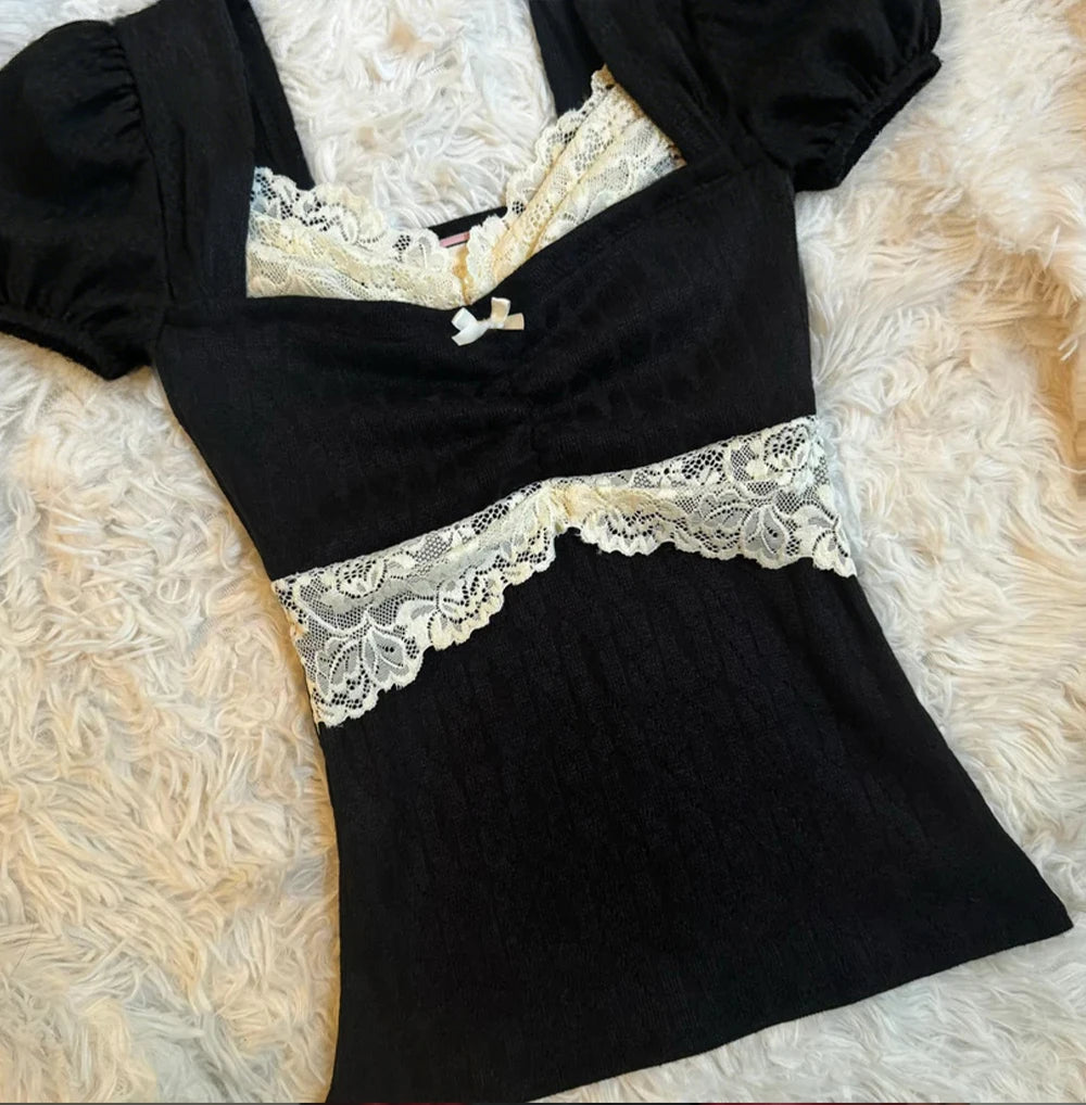Summer Lace Patchwork Coquette T-shirt Ribbed Knit Slim Fit Milkmaid Tees Women Short Sleeve Y2k Grunge Crop Tops Aesthetic -