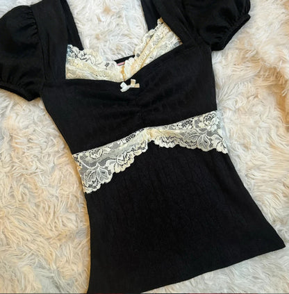 Summer Lace Patchwork Coquette T-shirt Ribbed Knit Slim Fit Milkmaid Tees Women Short Sleeve Y2k Grunge Crop Tops Aesthetic -