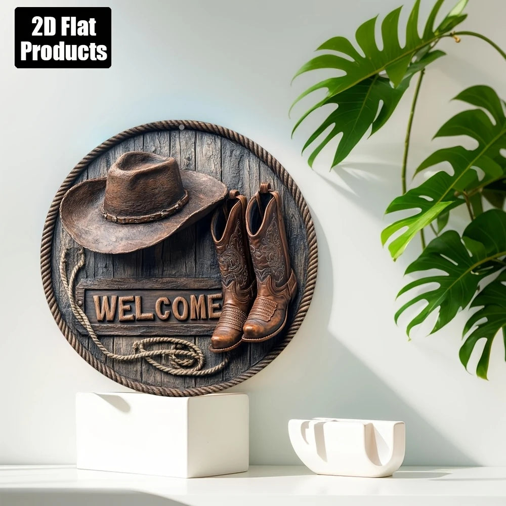 1 Piece 2D Wooden Disc Hat Shoes Welcome Theme Wall Art Sign 8 Inch For Home Office Living Room Bathroom Bar Cafe Decoration
