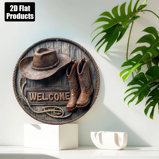 1 Piece 2D Wooden Disc Hat Shoes Welcome Theme Wall Art Sign 8 Inch For Home Office Living Room Bathroom Bar Cafe Decoration