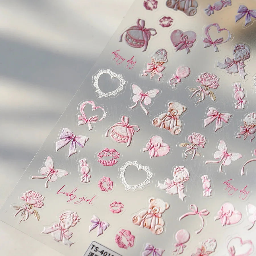 Sakura Pink Lip Print Rose Flower Butterfly Ice Cream Love Heart Bear Macaroon Balloon Candy Nail Art Stickers Manicure Decal