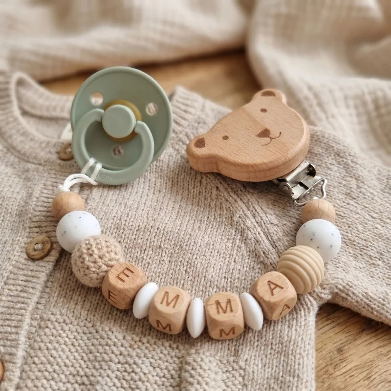 Personalized Pacifier Clip Custom Name Silicone Wooden Beads Baby Teether Chain Soother Holder BPA Free Newborn Baby Shower G