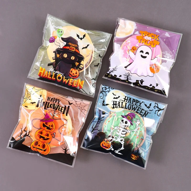 50/100Pcs Spooky Halloween Candy Bags Pumpkin Ghost Gift Cookie Self-Sealing Bags Halloween Party Decor Trick or Treat