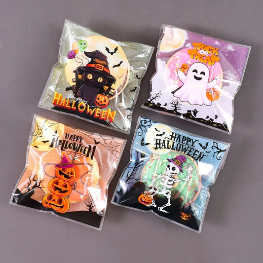 50/100Pcs Spooky Halloween Candy Bags Pumpkin Ghost Gift Cookie Self-Sealing Bags Halloween Party Decor Trick or Treat
