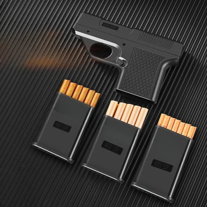Gun-shaped lighter with 3 cigarette cases, dark blue flame gas lighter, windproof cigar lighter,suitable for Christmas,Hallow