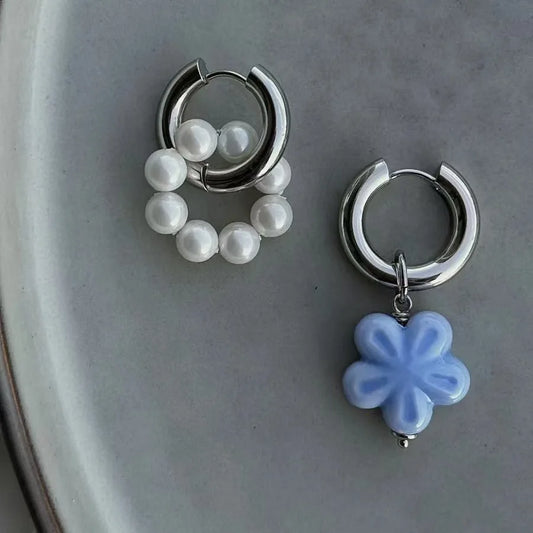 LATS Vintage Personality Imitation Pearl Blue Color Ceramic Flower Drop Earrings for Women Asymmetric Two Wears Wedding Jewer