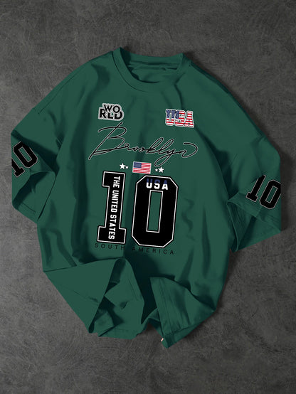 USA Brooklyn Style 10 Print Oversized T Shirt Men's Streetwear Vintage Jersey Tee