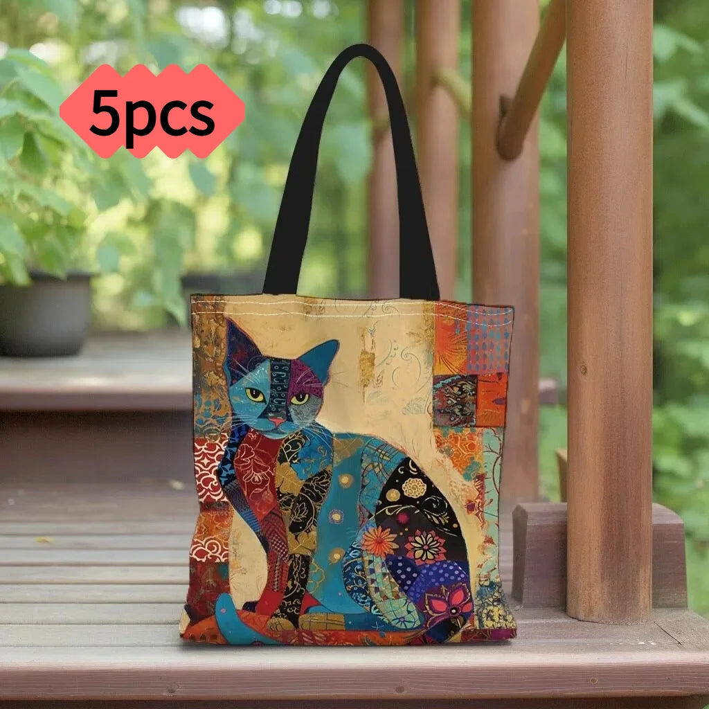 1/5/10pcs Floral Cat Pattern Tote Bag, Aesthetic Canvas School Shoulder Bag, Lightweight Grocery Shopping Bag - Ethnic Cat 5p