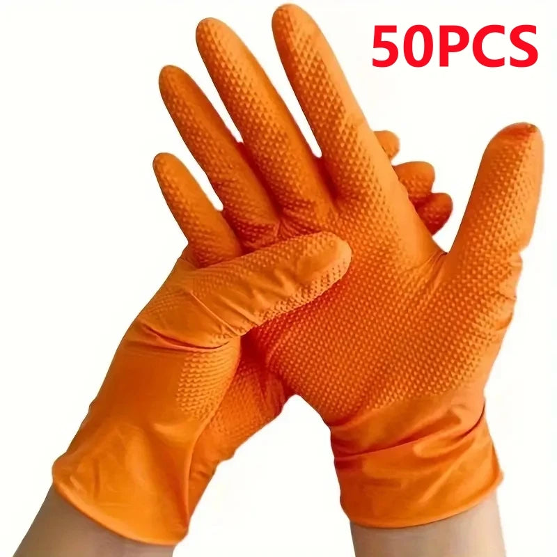 Heavy Duty Orange Nitrile Gloves 8Mil Industrial Disposable Gloves with Diamond Textured Grip for Mechanic Safety & Work Glov