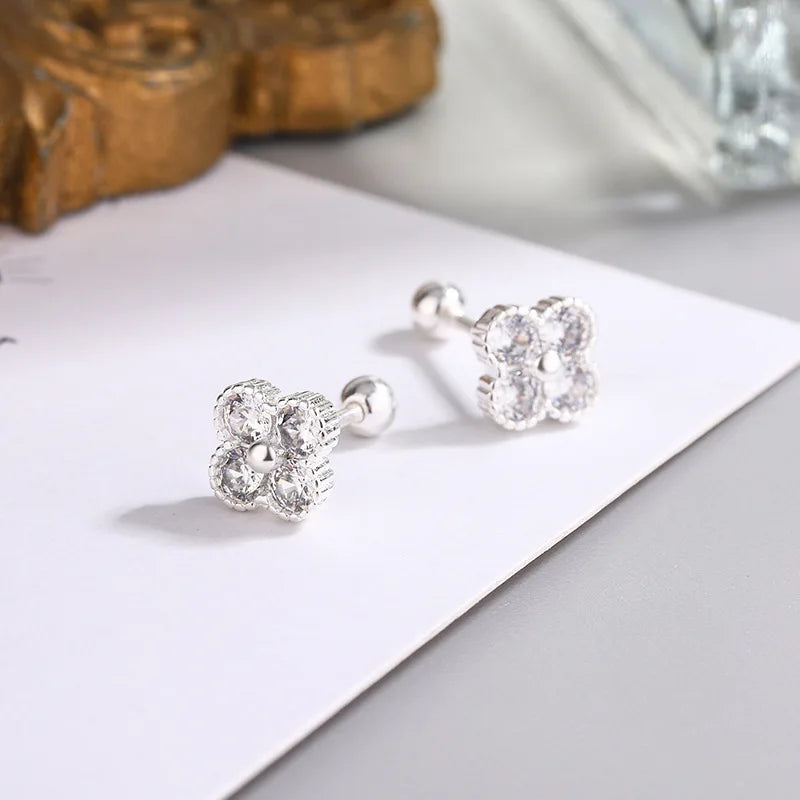 925 Sterling Silver Four Round Zircon Small Piercing Stud Earrings For Women Luxury Elegant Fine Jewelry Accessories Jeweller