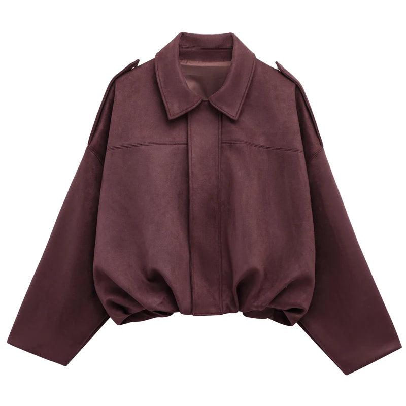 HXAO Women's Bomber Jacket Lapel Long Sleeve Zipper Suede Jacket Women 2025 High Street Cropped Racing Jackets Coats Outerwea