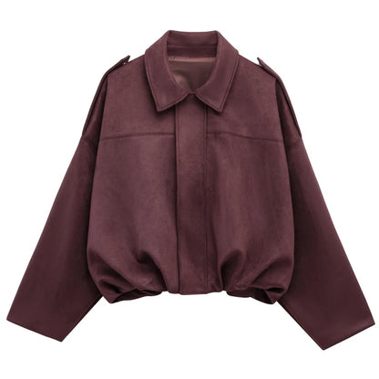 HXAO Women's Bomber Jacket Lapel Long Sleeve Zipper Suede Jacket Women 2025 High Street Cropped Racing Jackets Coats Outerwea