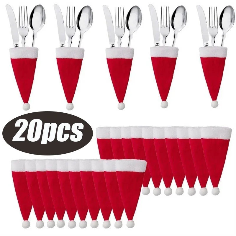 Merry Christmas Decoration 2025 Christmas Tableware Bag Holder Christmas Hat Fork Knife Cutlery Bag Christmas Ornament Decor 