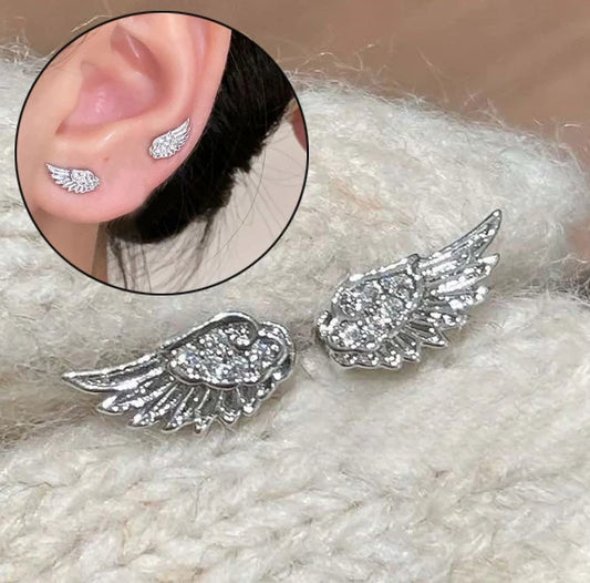 Fashion Zircon Wing Stud Earrings for Women Luxury Shiny Crystal Creative Angel Wings Cross Silver Color Ear Studs Jewelry Gi