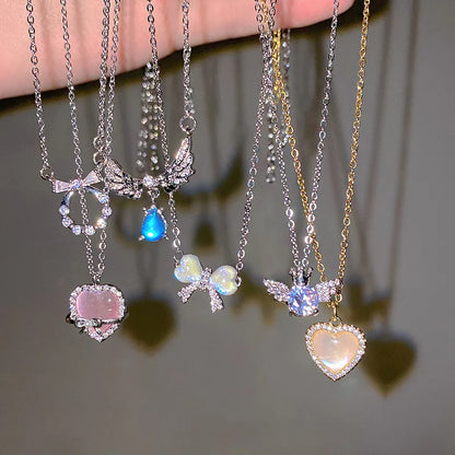 Y2K Crystal Bow Angel Wings Heart Pendant Necklace For Women Sweet Cool Girl Clavicle Chain Trendy Aesthetic Jewelry Accessor