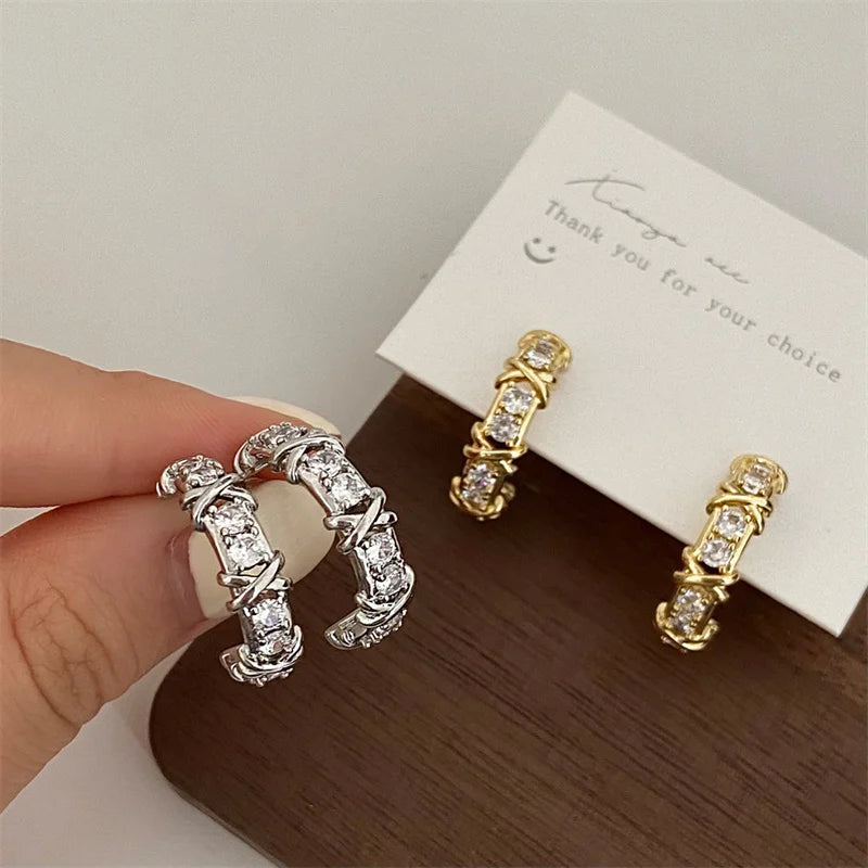 Vintage CC Design Stud Earrings for Women Korean Fashion X Cross Zircon Earring Engagement Jewelry Gifts