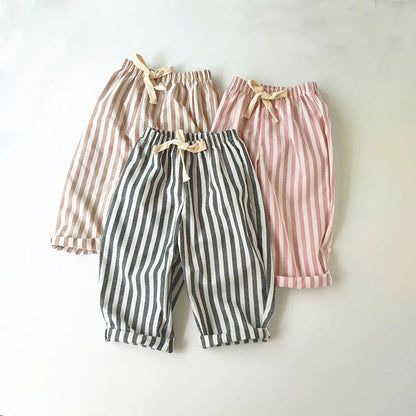 Children's Clothing Vintage Linen Cotton Stripe Pants Baby Boy Girl Casual Shorts Spring Summer Girls Loose Trousers and Shor