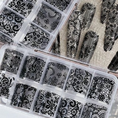 4X25cm-10rolls Sexy Black White Lace Nail Foils Untra-Thin White&Black Lace Flowers Nail Transfer Paper For Wedding Bride Dec