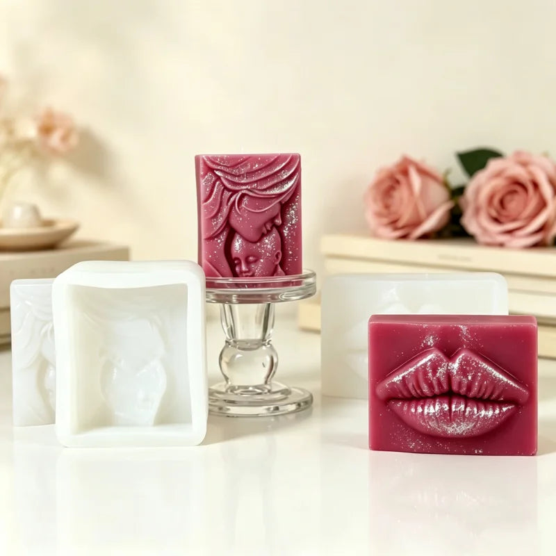 Lips Mother Baby Embossed Silicone Soap Mold Handmade Soap Epoxy Resin Casting Mold Rectangle 3D Relief Wax Candle Mould Deco