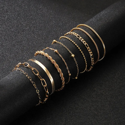10 Pcs Vintage Statement Gold Color Flat Snake Chain Box Chain Bracelet Boho Multi-layer Metal Bracelet Women's Summer Jewelr