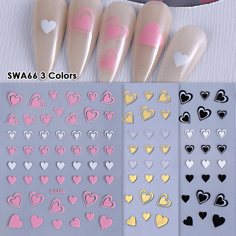 3pcs Valentine's Day Nail Art Stickers 3D Black White Pink Lines Love Heart Nail Decals DIY Adhesive Slider Manicure Decorati