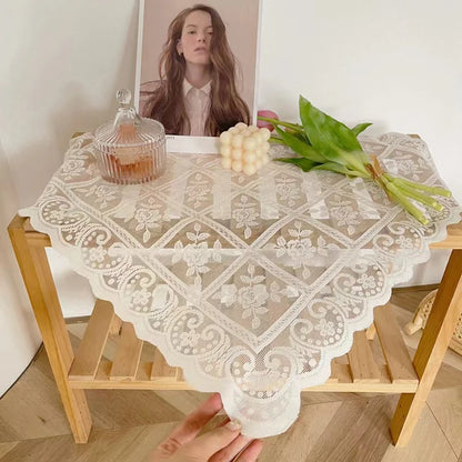 One Antique Embroidered Lace Tablecloth - Solid Color Elegant Flower Cut Process Polyester Square Tablecloth, 100% Polyester