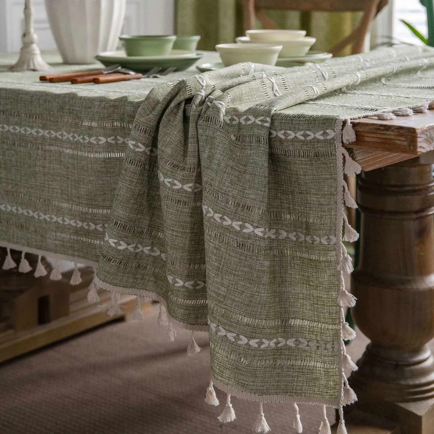 Cotton Linen Stripe Tassel Tablecloth Stain Resistant Dust-Proof Table Cover for Kitchen Dinning Tabletop Decoration Rectangu